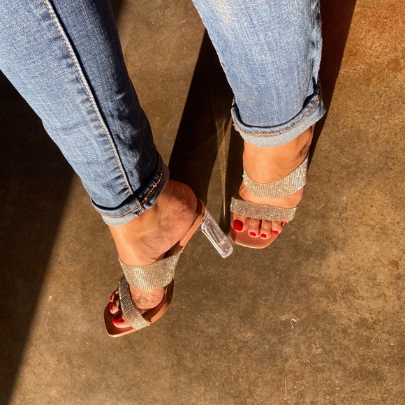 Nude Double Strap Blinged Lucite Heels - Picture 9 of 10